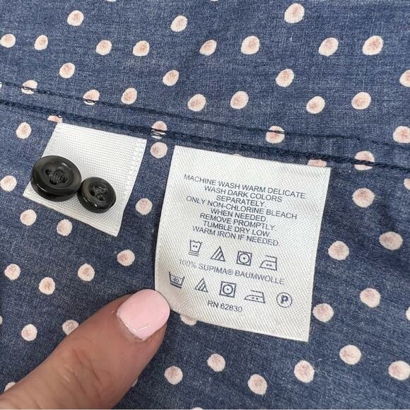 Lands' End Womens Navy Polka Dot No-Iron Supima Cotton Button-Up Shirt 10 - Picture 9 of 10